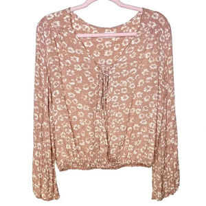 Altar’d State Celia Floral Swiss Dot Front Tie Wrap Blouse Top Pink White Sz. L